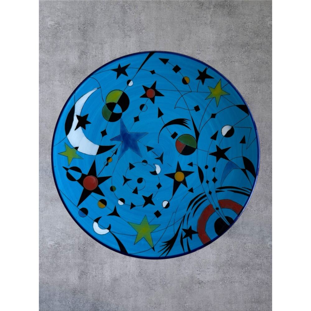 Ceramar Spain Hand Painted Plate Joan Miro Style Abstract Moon Stars Blue 10.25"
